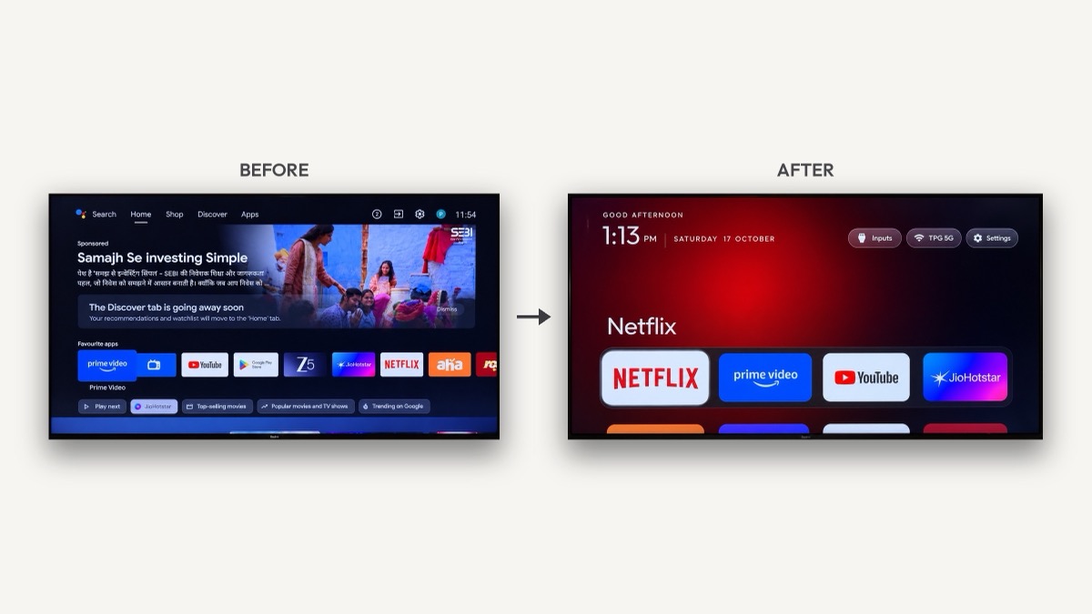cleanyourtv before and after: stock Google TV home with a sponsored ad, then the clean launcher